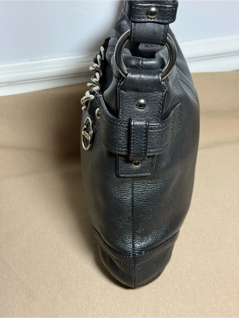 Coach Black Pebbled Leather Chain Duffle Crossbody Bag F19722